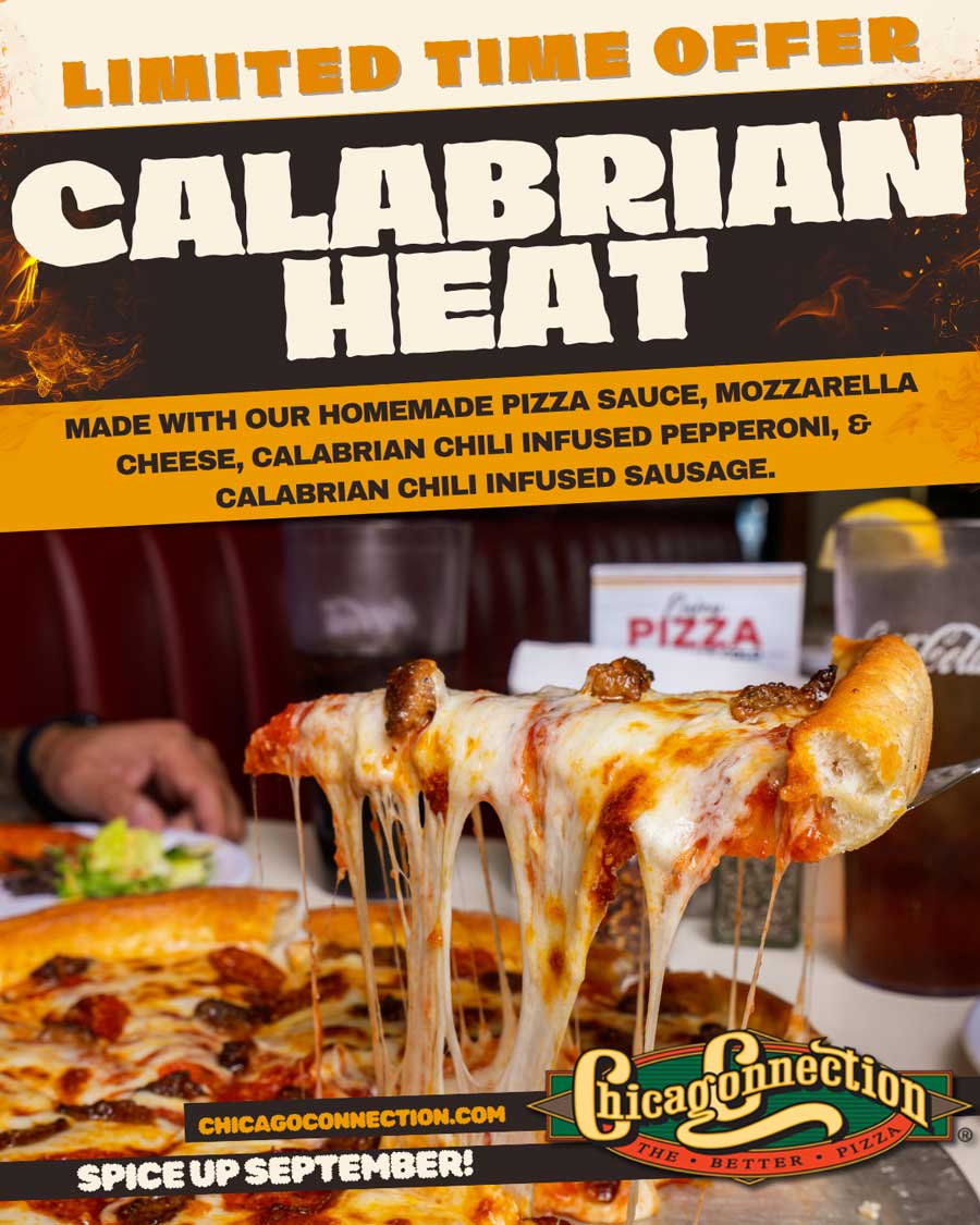 Pizza slice with stretchy cheese lifted from a pizza, with spicy sausage and pepperoni toppings.