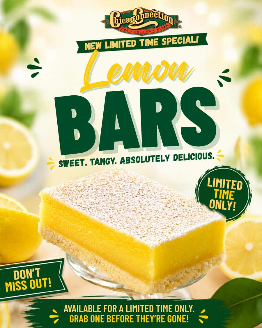 A lemon bar on a plate with lemon slices, promoting a limited-time dessert offer.