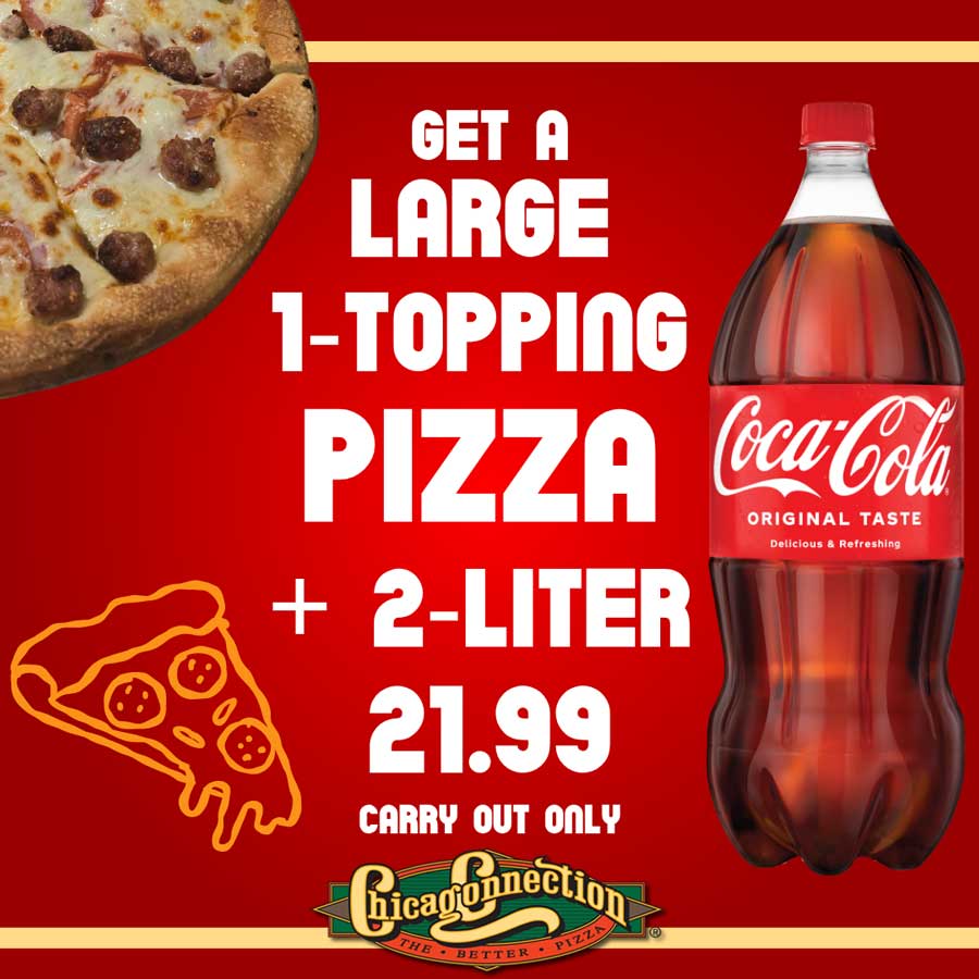 Large 1-topping pizza and 2-liter Coca-Cola for $21.99; carry out only; red background.