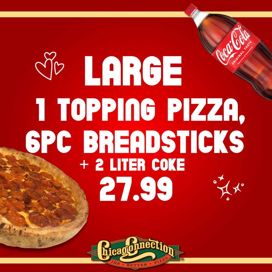 Large pizza, six breadsticks, and 2-liter Coke for $27.99 on a red background.