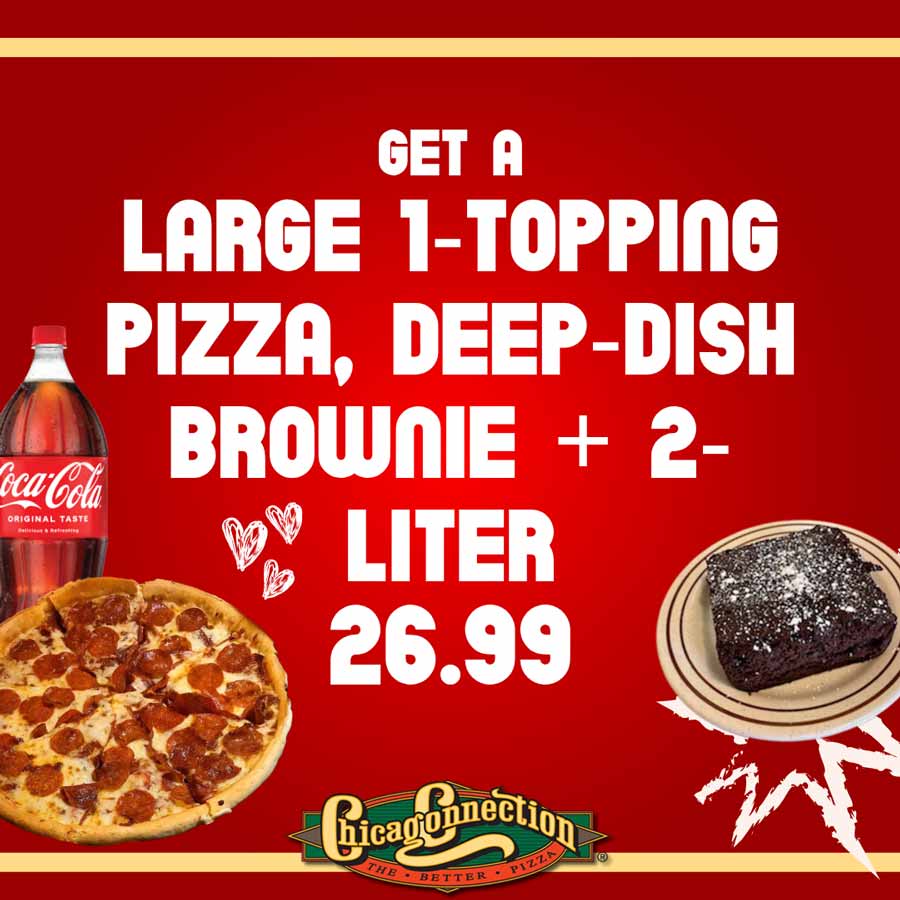 Large pizza, brownie, and 2-liter Coke offer for $26.99 on a red background.