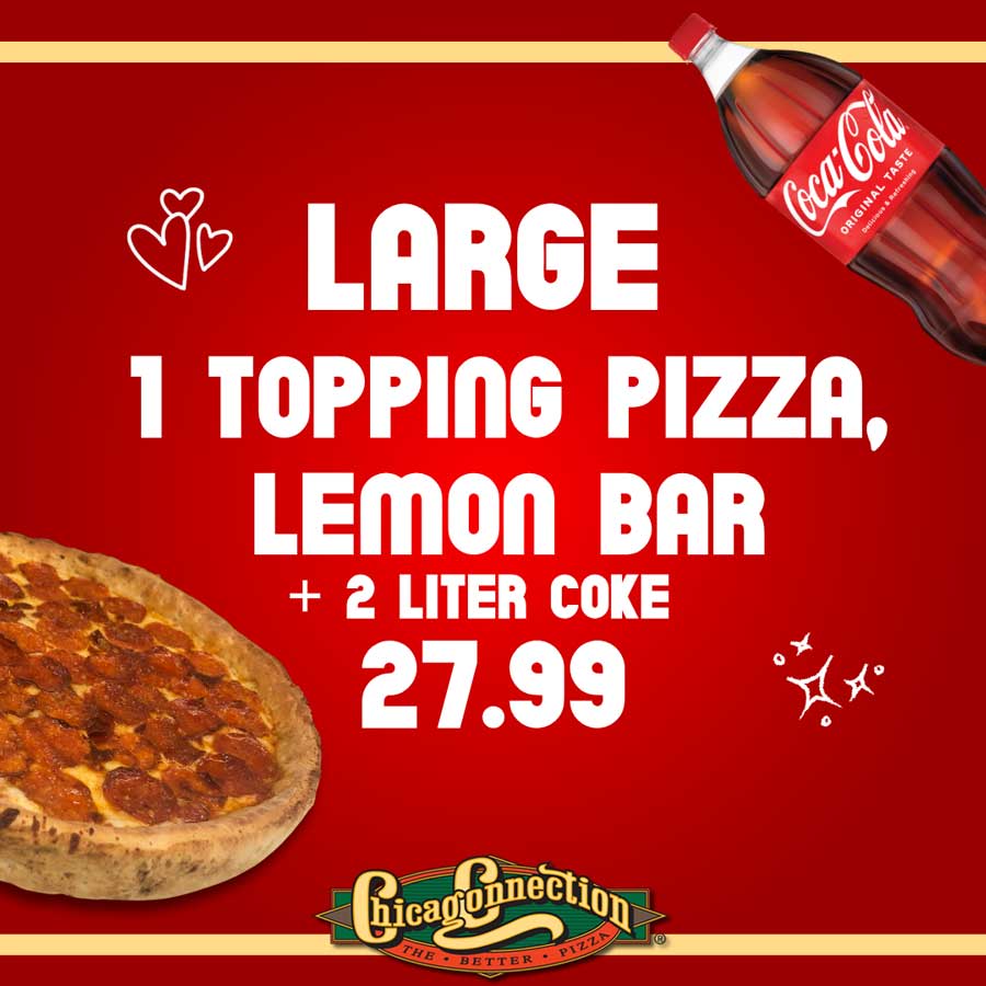 Large pepperoni pizza, lemon bar, and 2-liter Coke for $27.99 on a red background.