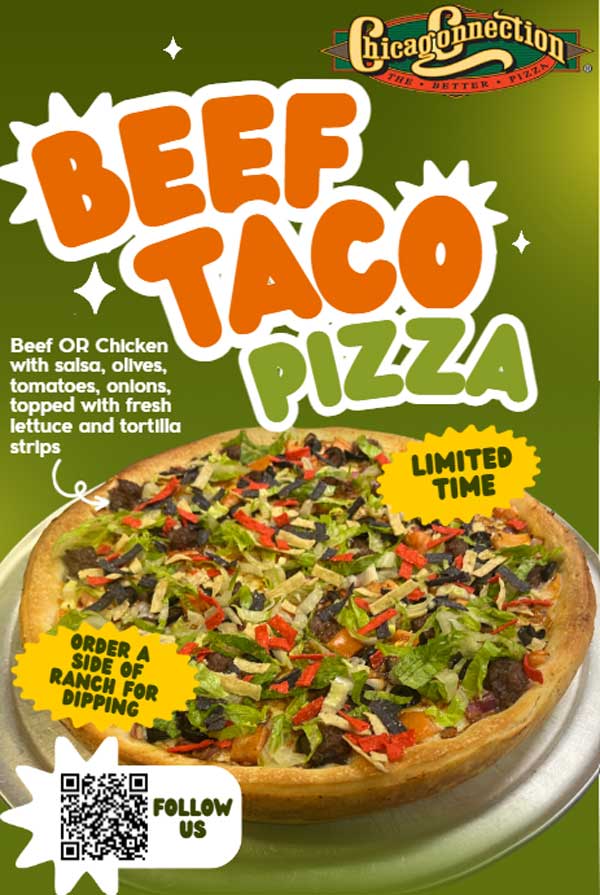 A beef taco pizza with lettuce, olives, onions, tomatoes, and tortilla strips on a green background.